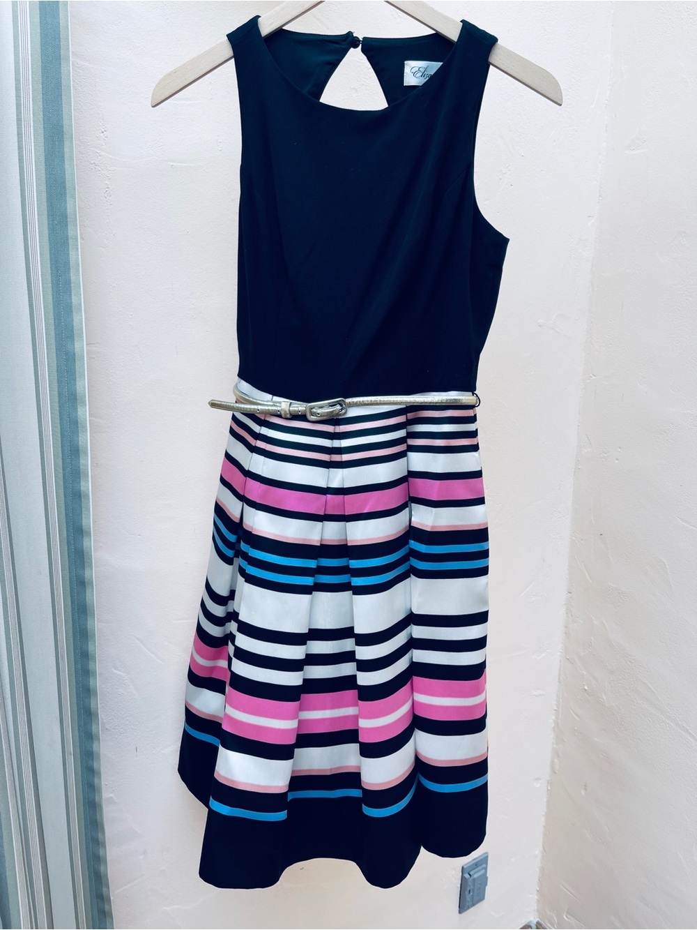 Eliza J Black Top A-Line Midi Skirt with Pink, Blue & White Stripes